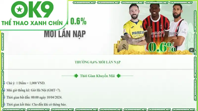 Thưởng mỗi lần nạp OK9