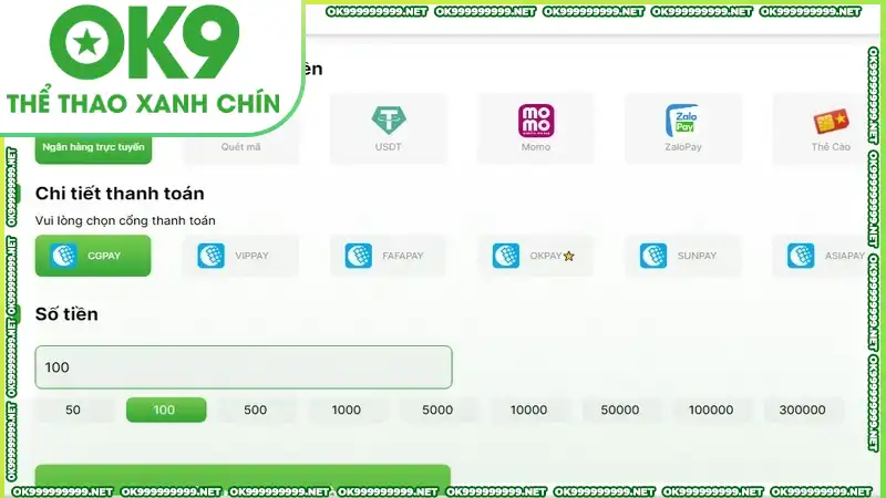 Nạp tiền OK9 bằng tài khoản ngân hàng dễ dàng